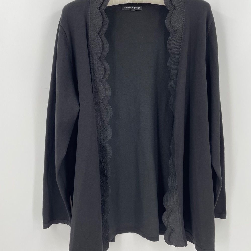Cable Gauge Black Scalloped Open Front Cardigan Rayon Knit XL - Picture 2 of 8